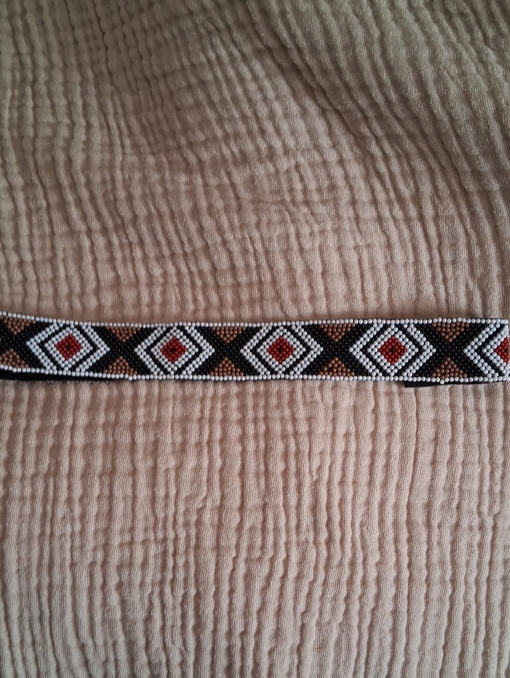 Beaded Geometric Hat Band/Headband in Black, White, Brown & Red